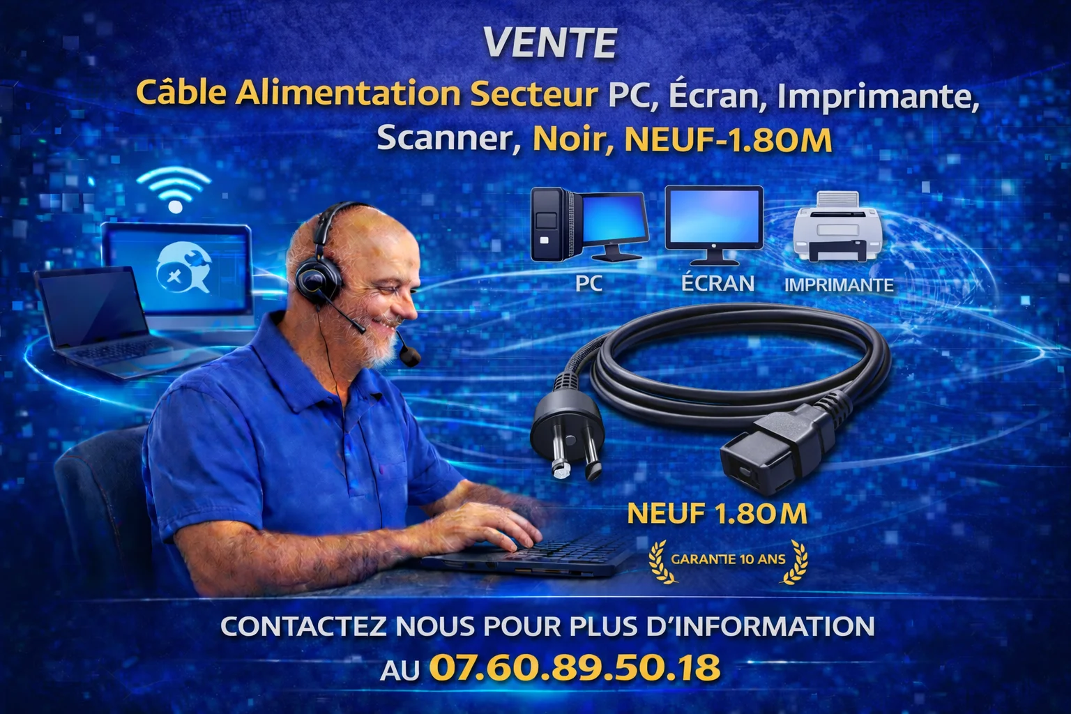 Câble Alimentation Secteur PC, Ecran, Imprimante, Scanner, Noir, NEUF-L1.80M