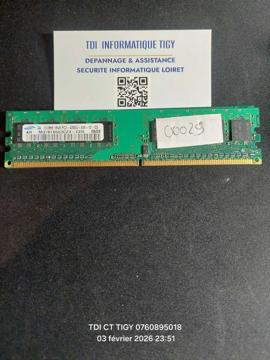 Barrette Mémoire SAMSUNG 512MB 1Rx8 PC2-4200U-444-12-D3 M378T6553CZ3-CD5