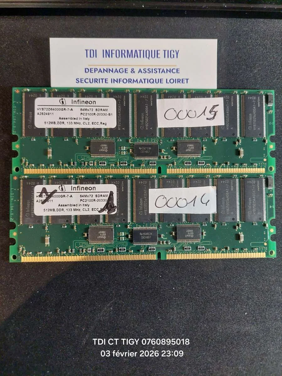 Barrette mémoire SDRAM 133 mhz 512 mo cl2 ECC DDR 266   reg pc2100 INFINEON -LOT DE 2
