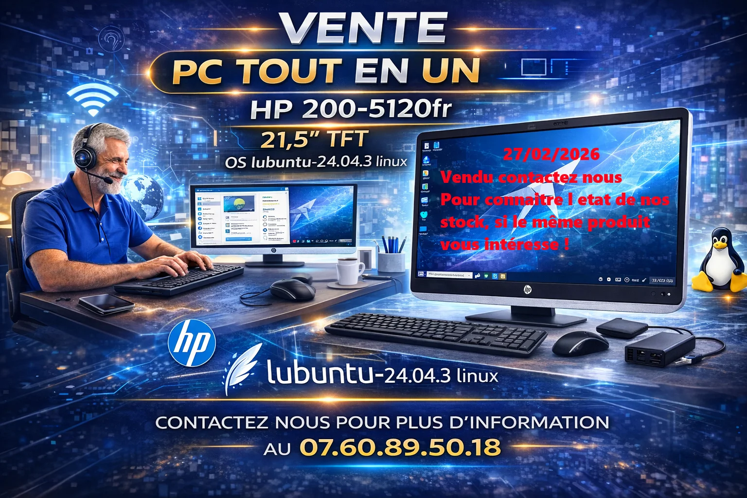 PC TOUT EN UN - HP 200-5120fr 21,5" TFT OS lubuntu-24.04.3 linux ou Windows 10/11