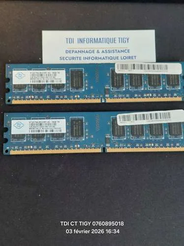 Ram Barrette Mémoire NANYA:  2Go DDR2 PC2-6400U 800Mhz 2Rx8 CL6 NT2GT64U8HD0BY lot de 2