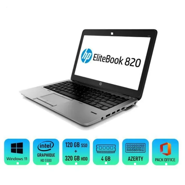 PC Portable HP EliteBook 820 G2 Intel Core i5-5300U SSD 120 Go + HDD 320 Go 4 Go RAM reconditionné