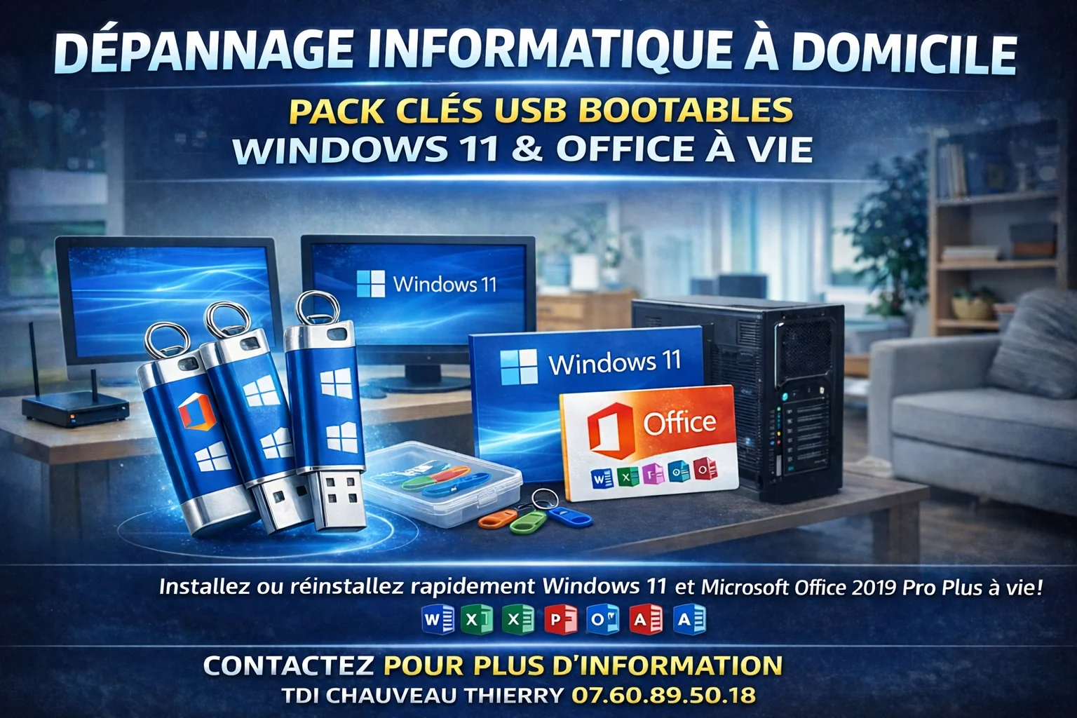 Licence Windows 11 PRO ET logiciel OFFICE 2024 sur Clés USB 16 GO Bootable