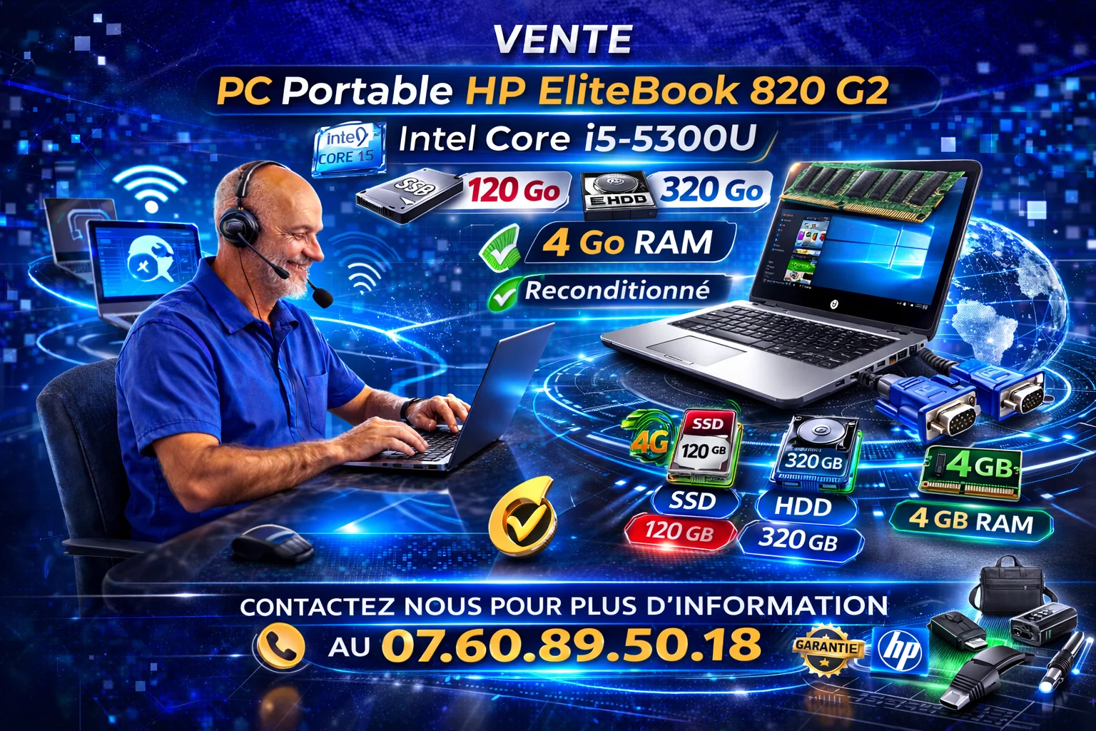 PC Portable HP EliteBook 820 G2 Intel Core i5-5300U SSD 120 Go + HDD 320 Go 4 Go RAM reconditionné