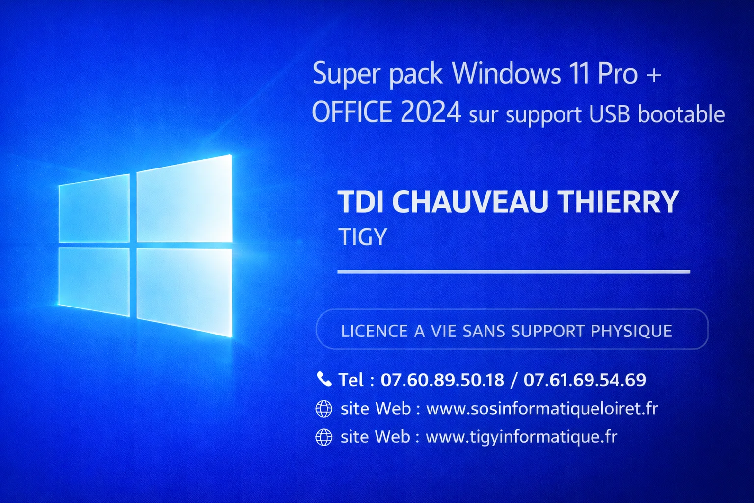 Licence Windows 11 PRO ET logiciel OFFICE 2024 sur Clés USB 16 GO Bootable