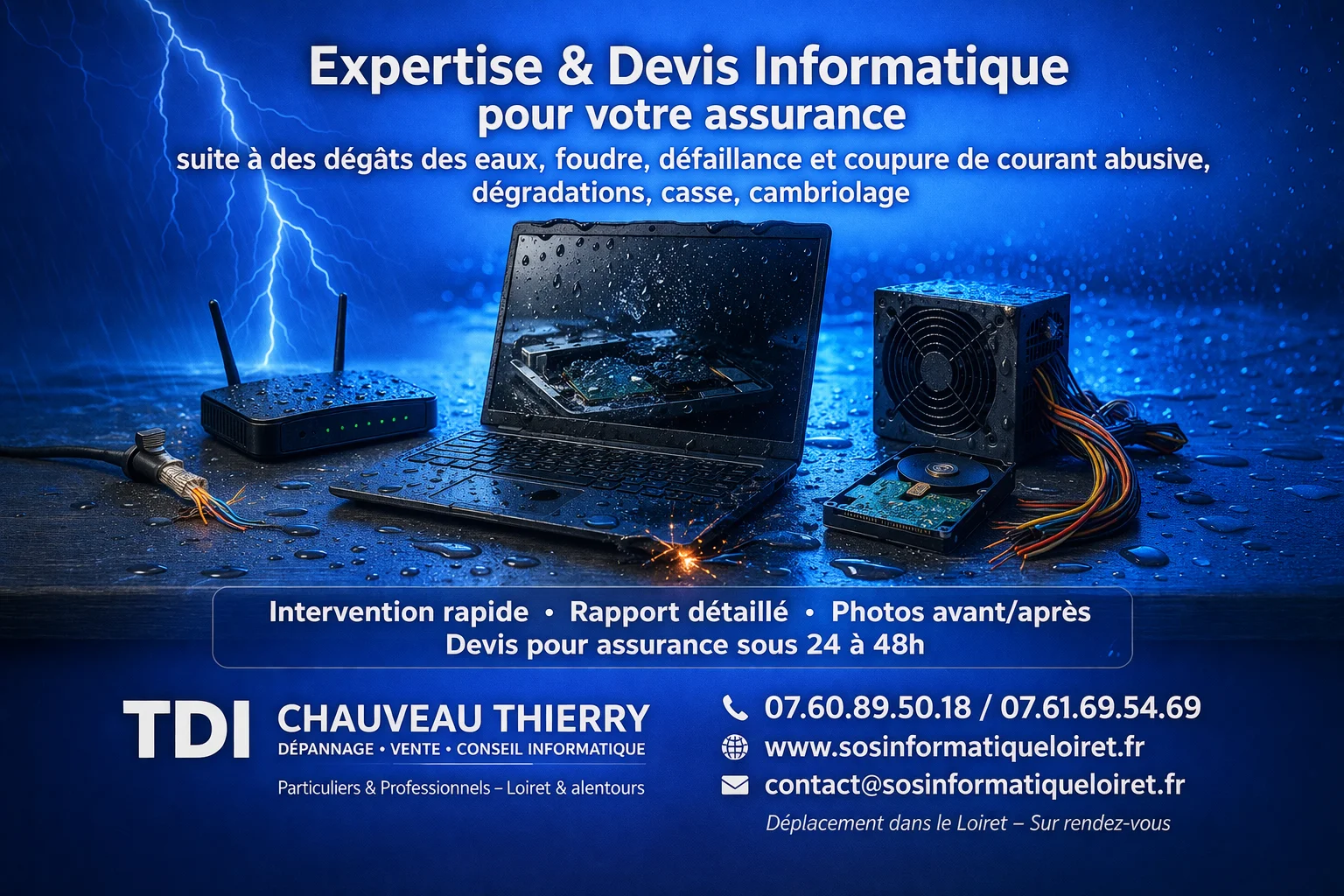 Expertise & devis informatique pour votre assurance suite dégât des eaux, foudre, dégradation