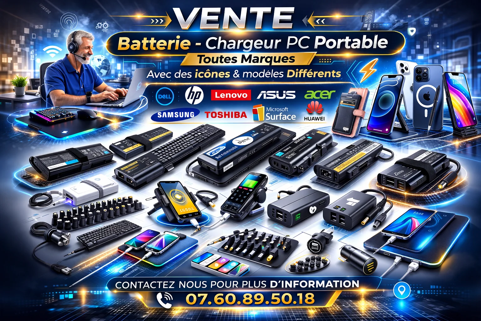 Chargeurs Batteries et Adaptateurs neuf, toutes marques et models HP, Lenovo, Acer, Apple, Asus 