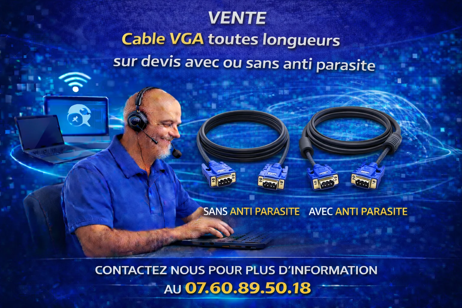 Cable VGA bleu 130cm avec anti parasite